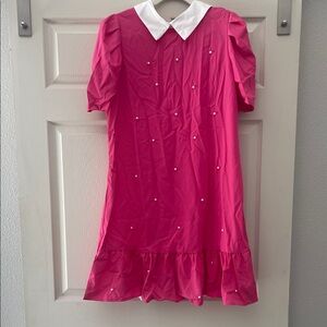 Pink Dress with White Collar & pearls